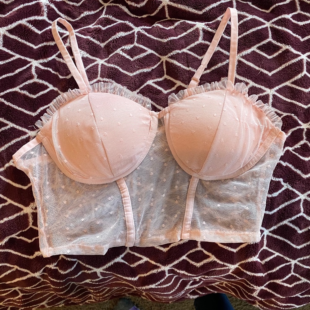 Pink Sheer Padded Crop Top/Lingerie Shirt with Adjustable Straps Size Medium